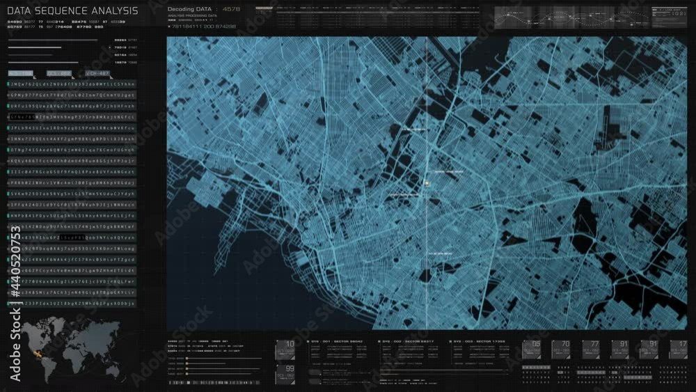 Futuristic digital city map layout with satellite GPS coordinate searching and target tracking, interface head up display screen with data telemetry information for background display
