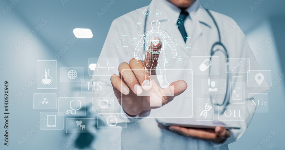 Medicine doctor touching on digital tablet and hologram modern virtual screen interface icons, Medical technology and futuristic concept.
Medicine doctor touching on digital tablet and hologram modern virtual screen interface icons, Medical technology and futuristic concept.