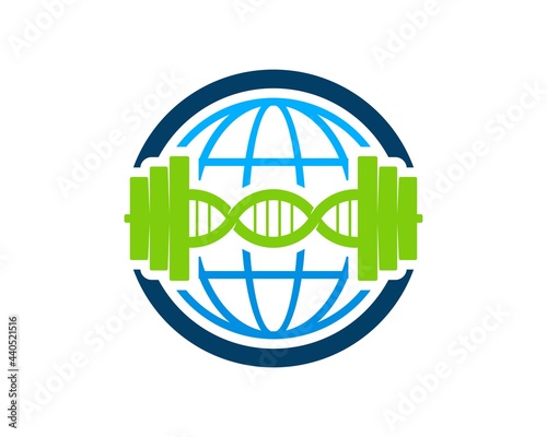 Circle shape with abstract globe and gym barbel inside
