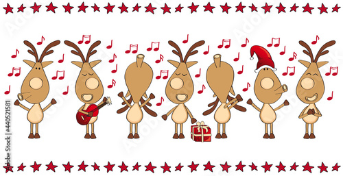 Weihnachten Rentiere in einer Reihe machen Musik und singen, Bordüre aus roten Sternen, Cartoon