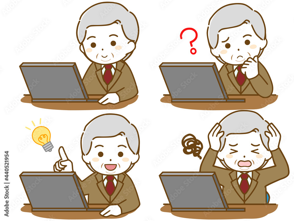 パソコンを操作するスーツを着た肥満の高齢男性