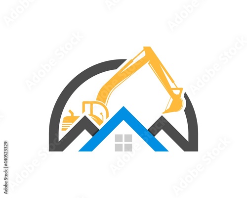 Real estate house with construction excavator behind