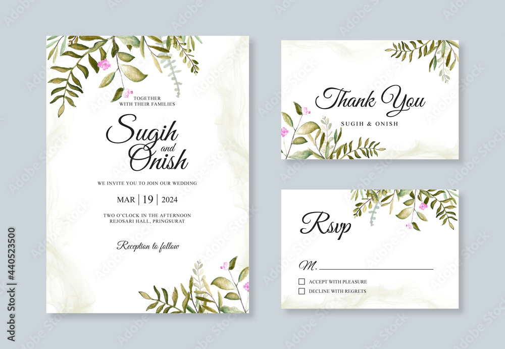 Wedding card invitation set template with hand painting watercolor