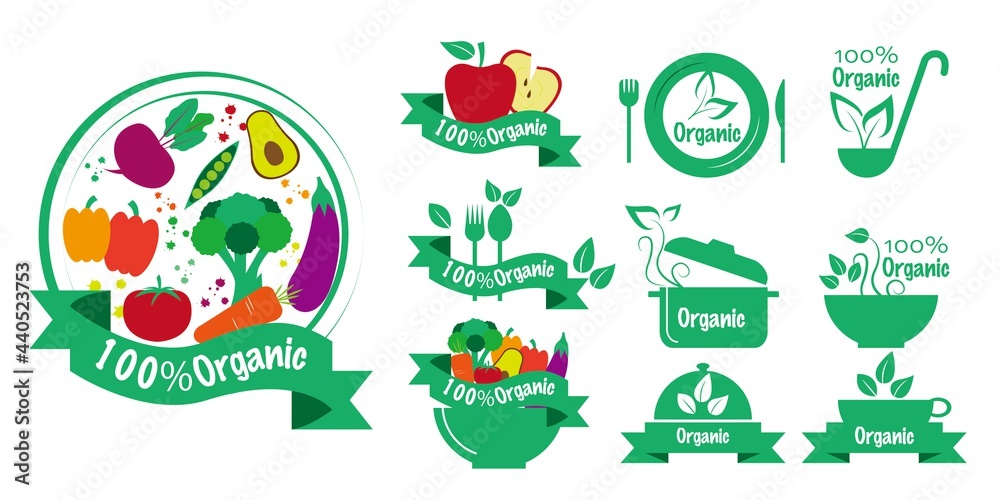 Set of Organic food icons. Vegan, vegetarian, heatlhy food, Restaurant logos, Vector illustration. simple button icons collection. Ecology, green, bio, food, health. Design, web, banner, logos element