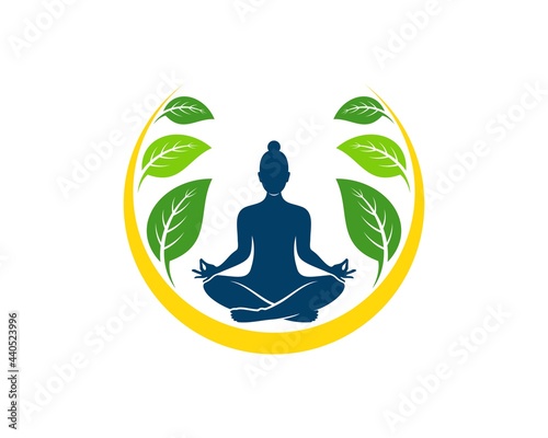 Circular swoosh with leaf and women yoga inside