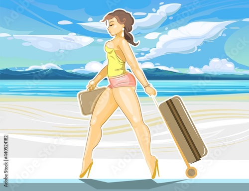 Pretty girl goes on vacation. Seaside with a beach and white sand. Beautiful woman with a suitcase and bag on travel. Cartoon flat style. Travel. Illustration vector