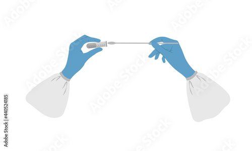 PCR test. Hands in medical gloves hold test tube with sample. Nasal swab laboratory analysis of biomaterial. Covid-19 Coronavirus testing for antibodies. Vector illustration in flat cartoon style.