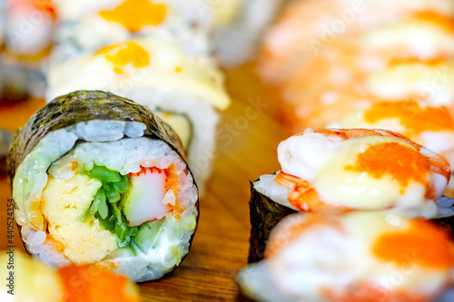 Sushi close-up  on wooden background, Japanese food