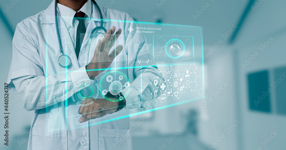 Fototapeta premium Medicine doctor touching on digital tablet and hologram modern virtual screen interface icons, Medical technology and futuristic concept.
