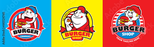 Cartoon fatty boy holding big burger with custom title for burger food business set