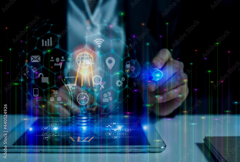 Double exposure of businessman working on digital tablet and smart phone with digital marketing virtual chart, Abstract icon, Business strategy concept.