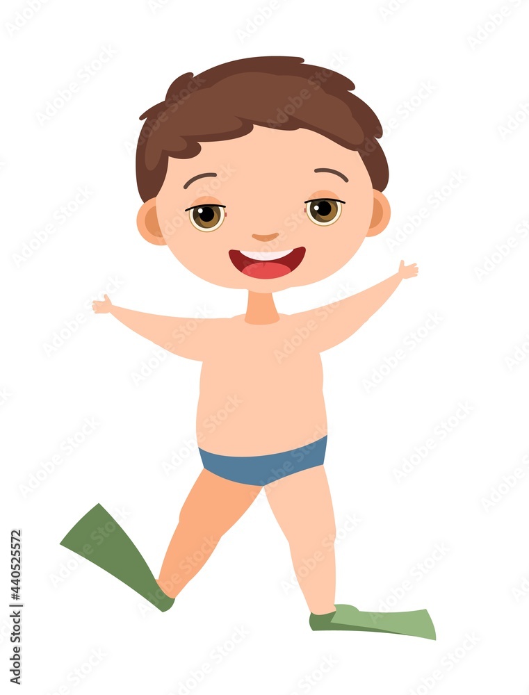 Cheerful boy rejoices. Prepared for water games in the sea, river or pool. In beachwear. Isolated on white background. Illustration in cartoon style. Flat design. Vector art Cheerful boy rejoices. Prepared for water games in the sea, river or pool. In beachwear. Isolated on white background. Illustration in cartoon style. Flat design. Vector art