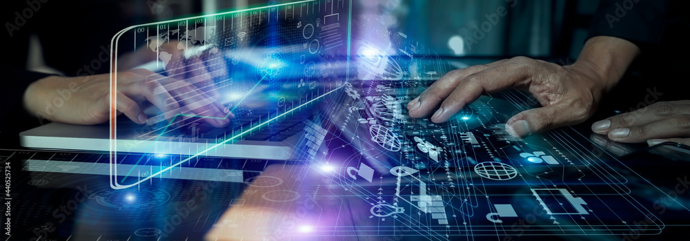 Obraz premium Businessman hands working on network and digital finance marketing chart with future technology innovation and digital transformation concept. 