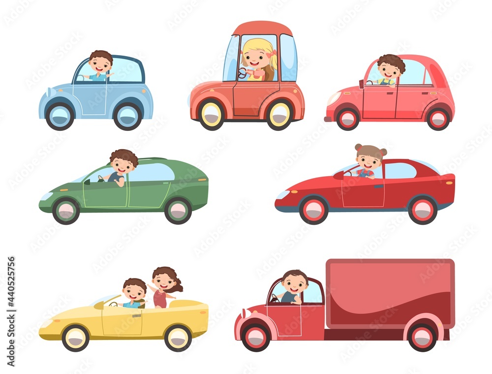 Fototapeta premium Childrens car. Set. Kids drives different cars and truck. Toy avehicle. With a motor. Nice passenger auto. Isolated over white background. Vector