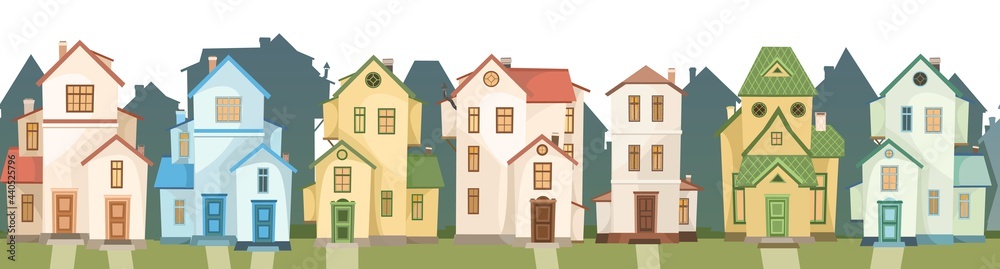 Street. Cartoon houses. Village or town. A beautiful, cozy country house in a traditional European style. Nice funny home. Rural building. Isolated Vector