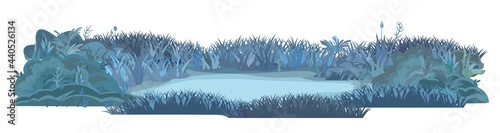 Meadow glade in the evening. Dark thickets at night. Grass area. Beautiful and graceful landscape. Isolated on white background. Flat style. Cartoon design. Vector
