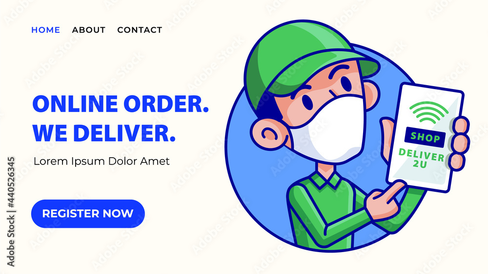 Landing web page template of online delivery service app. Modern flat design web banner of man with cap touching on smartphone screen to show delivery app