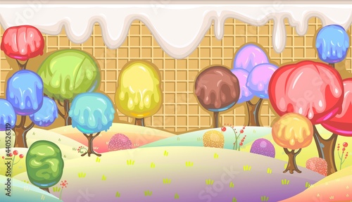 Candy background. Cartoon sweet land. Beads of jelly, ice cream and caramel. Chocolate. Cute childrens fairy landscape. Beautiful fantastic illustration. Vector