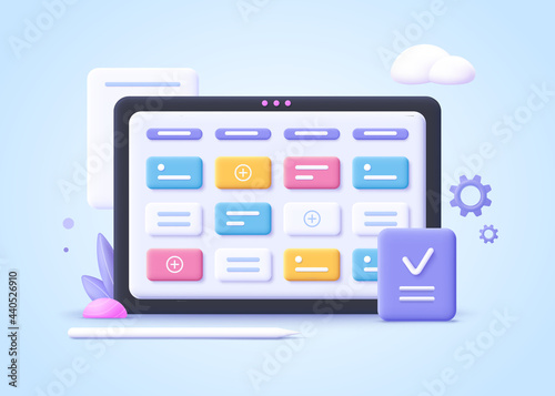 Concept of kanban board, agile project management concept, work schedule organization, time planning and workflow managing.3d realistic vector illustration. photo