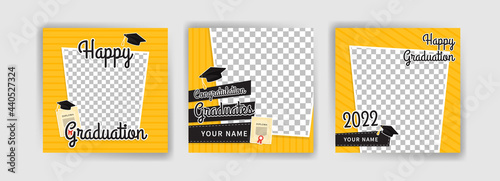 Photo booth props frame for graduation party. Selfie concept. Frame with hats for graduates. Congratulate graduate quotes.