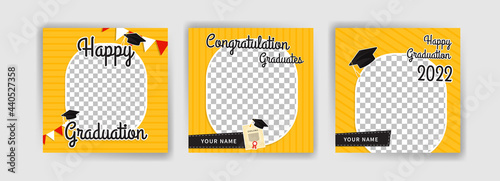 Photo booth props frame for graduation party. Selfie concept. Frame with hats for graduates. Congratulate graduate quotes.
