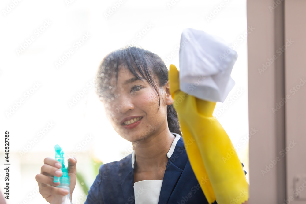 Housekeeper or Maid cleaning hotel room. Asian woman worker working in hotel and resort. Housekeeper or Maid cleaning hotel room. Asian woman worker working in hotel and resort.