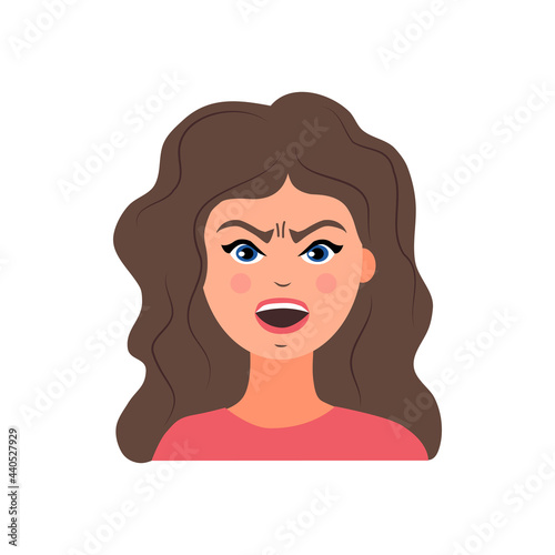 Teen girl gets angry and screams. The emotion of anger. Vector illustration in a flat style