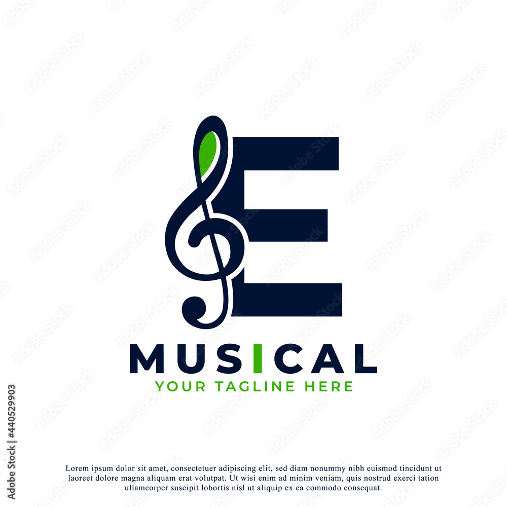 Naklejka premium Letter E with Music Key Note Logo Design Element. Usable for Business, Musical, Entertainment, Record and Orchestra Logos