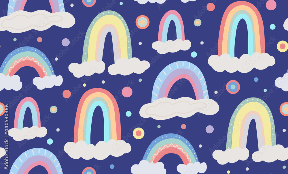 Cute childish pattern with different rainbow, cloud on dark blue background with colorful dots. Vector flat natural texture. Gentle sky violet wallpaper. Backdrop with cartoon multicolored arcs Cute childish pattern with different rainbow, cloud on dark blue background with colorful dots. Vector flat natural texture. Gentle sky violet wallpaper. Backdrop with cartoon multicolored arcs