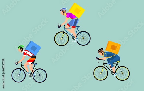 Group of couriers on bicycles,  with food delivery backpack . Delivery service concept.  flat vector illustration