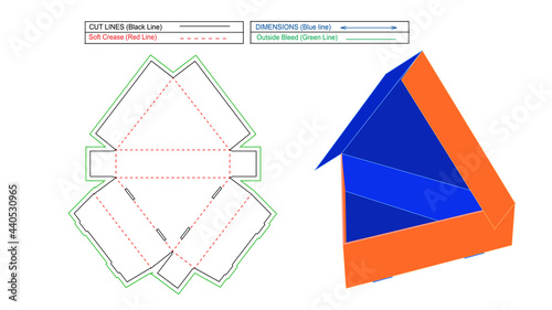 Custom delivery triangle pizza box, Food packaging box and triangle gift box, 3d render and dieline template with color changeable and editable