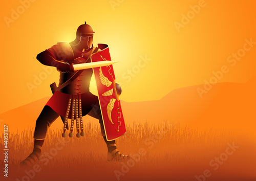 Ancient Rome legionnaire in a position ready to fight