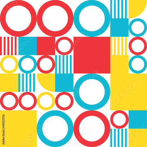 Geometry minimalistic seamless pattern with rectangles, squares, circles, simple shape and figure. Abstract vector design template for web banner, corporate identity, fabric print
