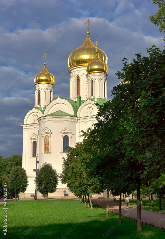 Cathedral of St. Catherine the great Martyr. Restored Orthodox Church in the Russian architectural tradition with Golden domes