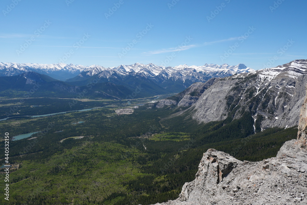 View towards Canadian Rockies at the summit of Yamnuska Mountain at the front Range of the Canadian Rockies Alberta Canad