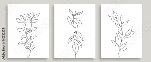 Fototapeta Naklejka Na Ścianę i Meble -  Leaves Set One Line Drawing. Hand Drawn Minimalism Style of Simple Leaves Line Art Drawing. Abstract Contemporary Design Template for Covers, t-Shirt Print, Postcard, Banner etc. Vector EPS 10