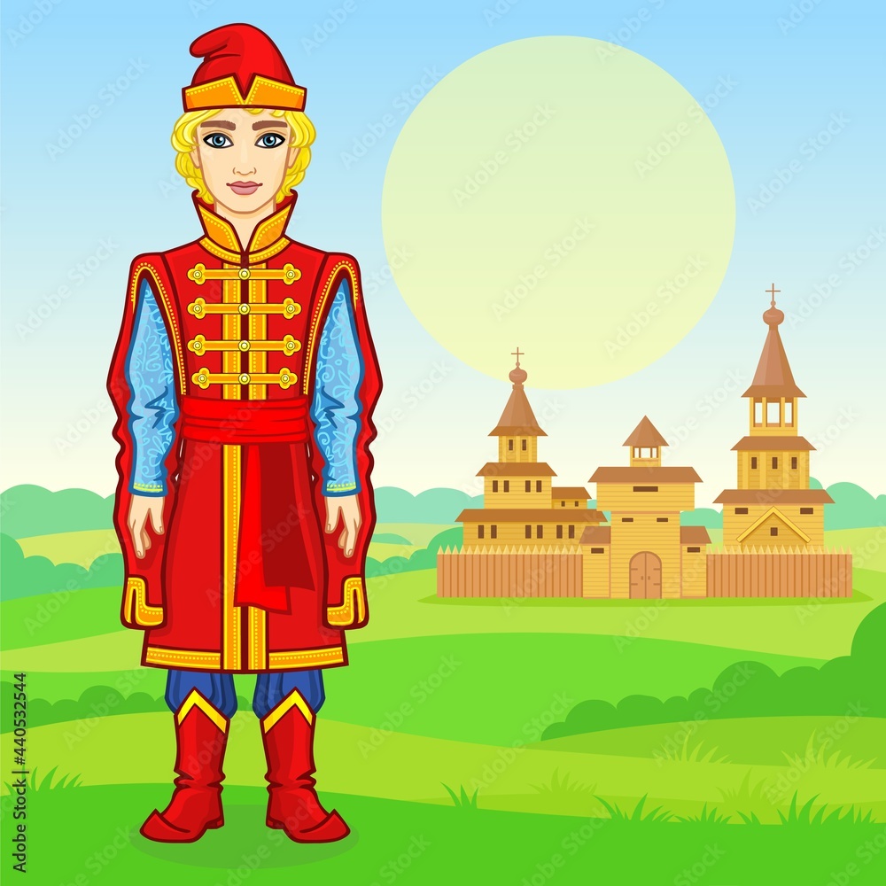 Animation portrait of the young Russian man in rich ancient clothes. Full growth. Fairy tale character. Background - a summer landscape, ancient wooden city. Vector illustration.