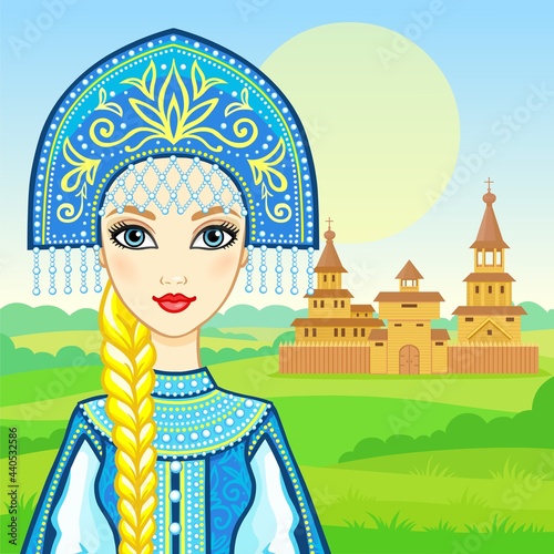 Animation portrait of the young beautiful Russian girl in ancient national clothes. Fairy tale character. Background - a summer landscape, the ancient wooden palace. Vector illustration. 