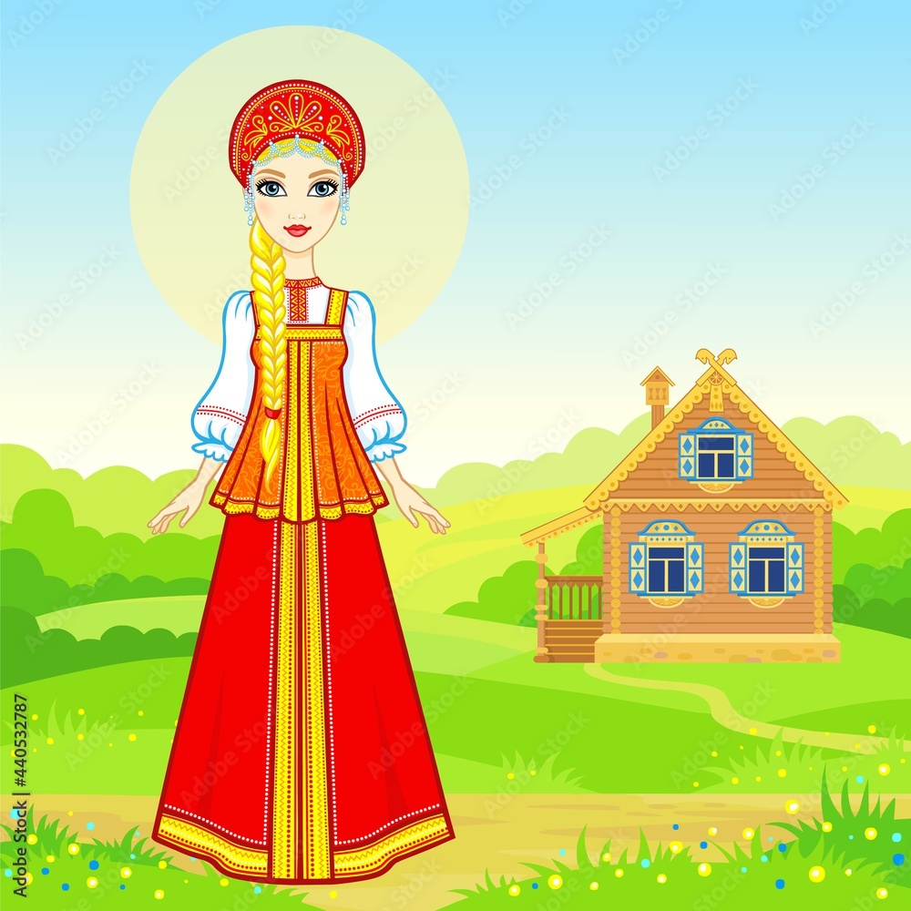 Animation portrait of the young Russian girl in traditional clothes.  Fairy tale character. Full growth. A background - a rural landscape, the ancient house. Vector illustration.
