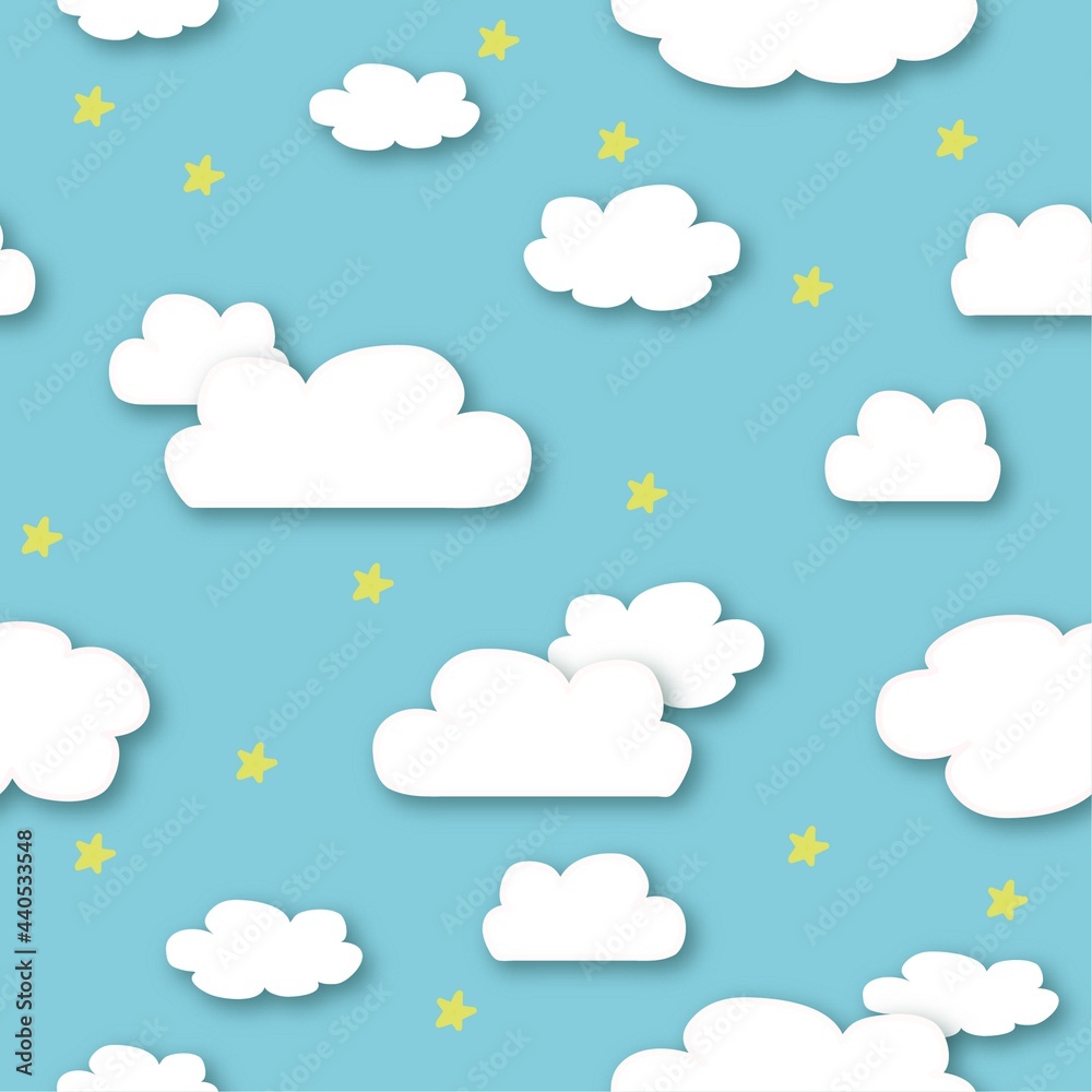 seamless pattern with clouds and stars in the sky, vector drawing, blue background