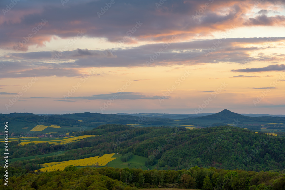view on Kaczawskie mountains during sunset in Poland