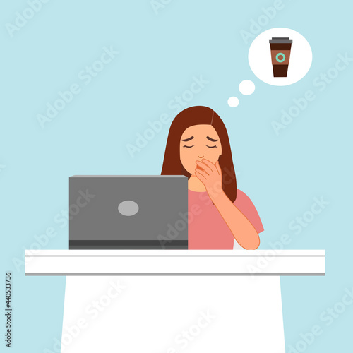 Female employee feel sleepy and thinking about coffee at office. Company staff feel tired and want to drink coffee.