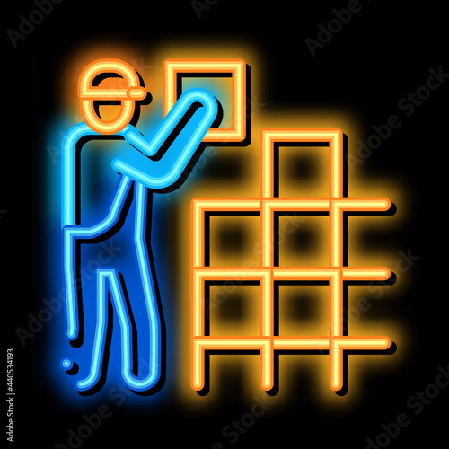 tile stacker neon light sign vector. Glowing bright icon tile stacker sign. transparent symbol illustration