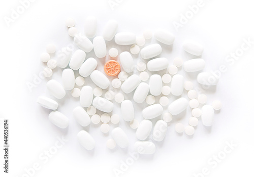 White pills on a White background. Healthcare and medicine.