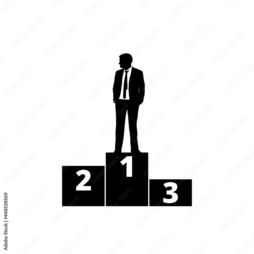 Winners business man on award pedestal icon isolated on white background Winners business man on award pedestal icon isolated on white background