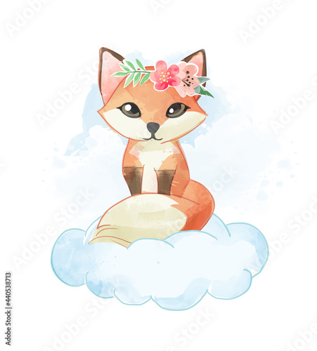 cute little fox with floral crown on the cloud vector illustration