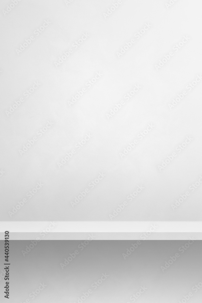 Empty shelf on a white wall. Background template. Vertical backdrop Empty shelf on a white wall. Background template. Vertical backdrop