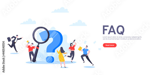 Q and A or FAQ concept with tiny people characters, big question mark, frequently asked questions template. Answers business support concept flat style design vector illustration.