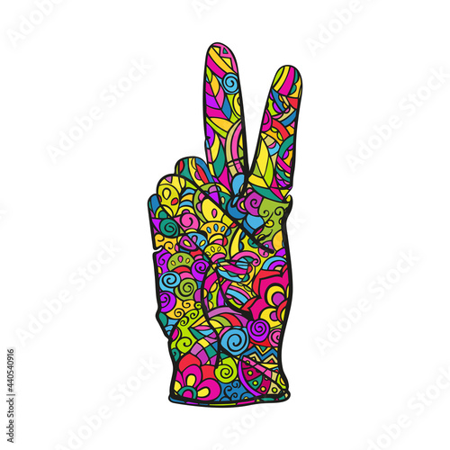A gesture as a sign of the victory of the world. Hand drawing gloves isolated on white background. Bright vector doodles.
