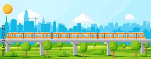 Skytrain and Landscape with Cityscape. Super Streamlined Train. Passenger Express Railway Locomotive. Monorail Railroad Public Transportation. Rapid Transport Subway. Flat Vector Illustration